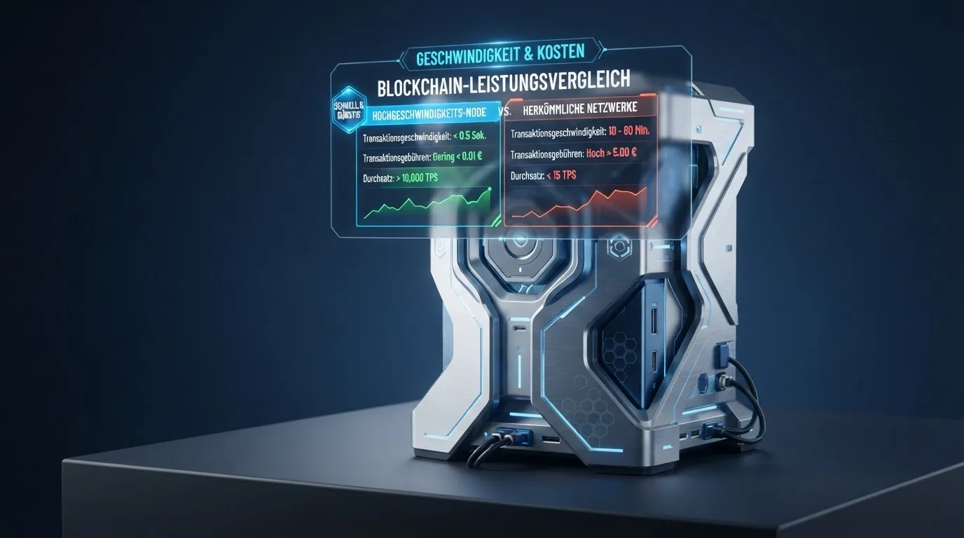 Solana-Blockchain-Symbol mit Geschwindigkeits- und Gebührenvergleich zu Bitcoin und Ethereum