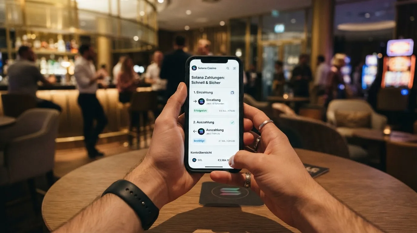 SOL-Transaktionsablauf zwischen Wallet und Casino mit Pfeilen und Zeitangaben