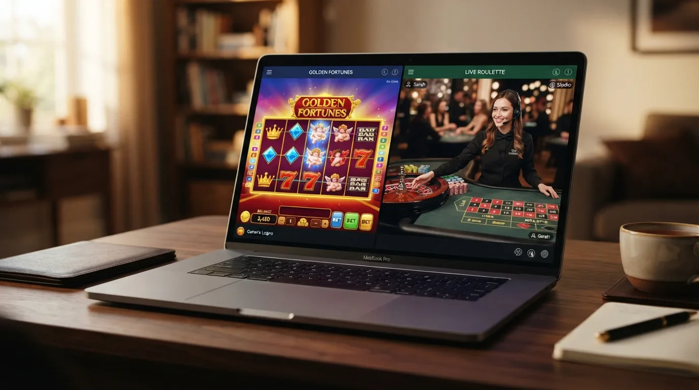 Slot-Walzen neben einem Live-Dealer-Tisch mit neutralem USDT-Hinweis