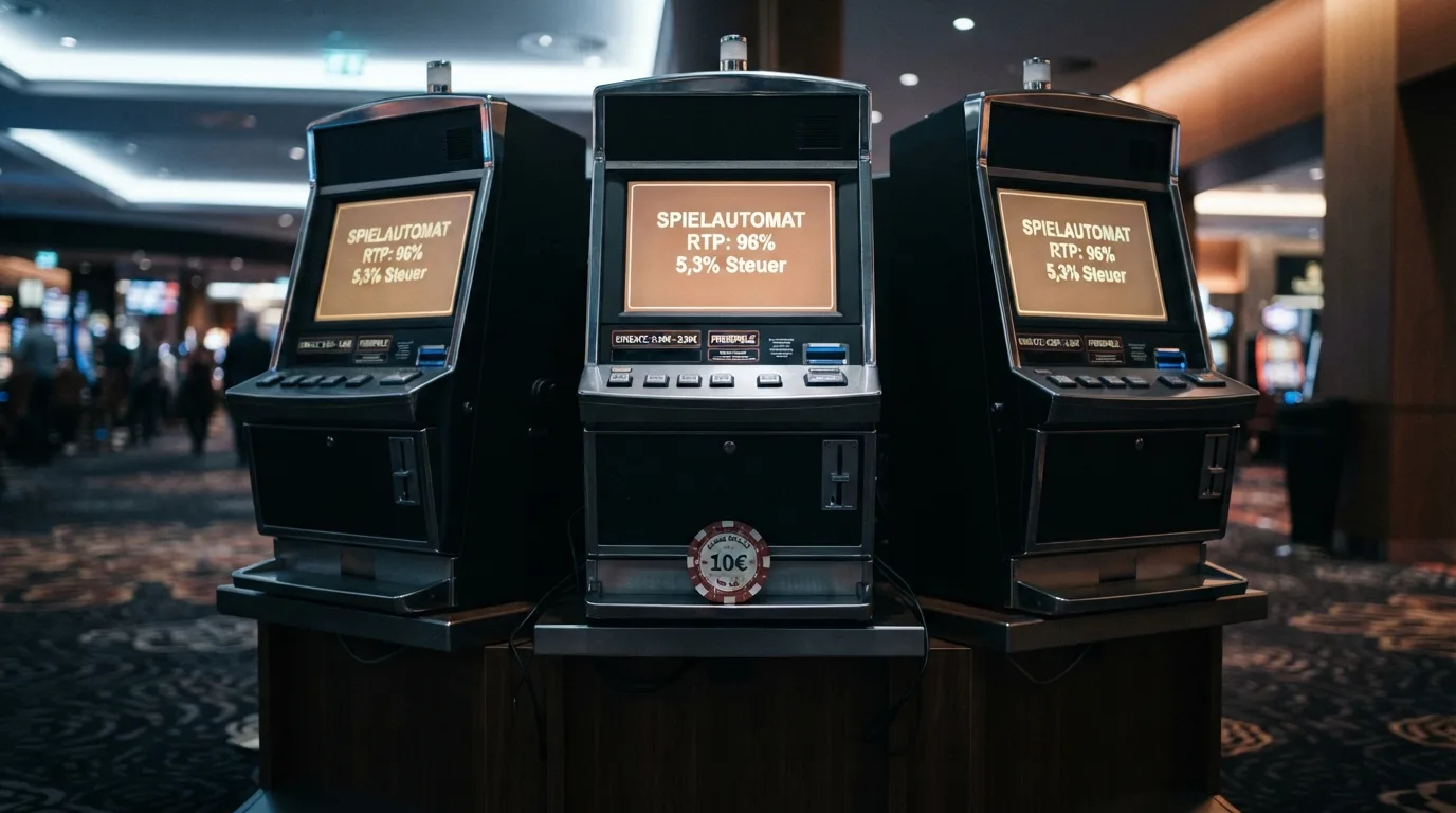 Drei Spielautomaten mit RTP-Anzeige und hervorgehobenem Steuerabzug