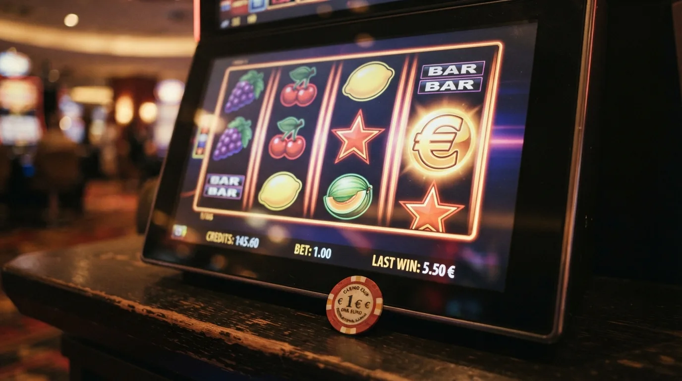 Slot-Walzen mit 1-€-Einsatzmarkierung und daneben liegender Budget-Anzeige