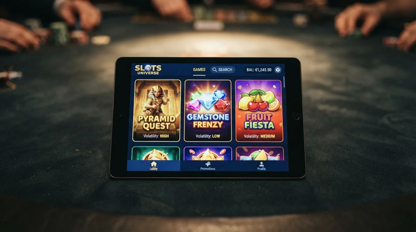 Spielautomaten-Lobby mit Slot-Covern wie Book of Dead und Starburst in einer App