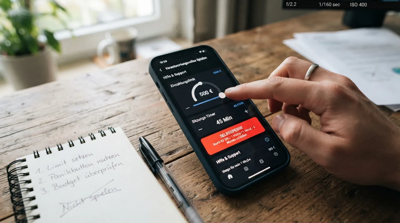 Dashboard-Ansicht mit Einsatzlimits, Selbstsperre-Button und Sitzungs-Timer