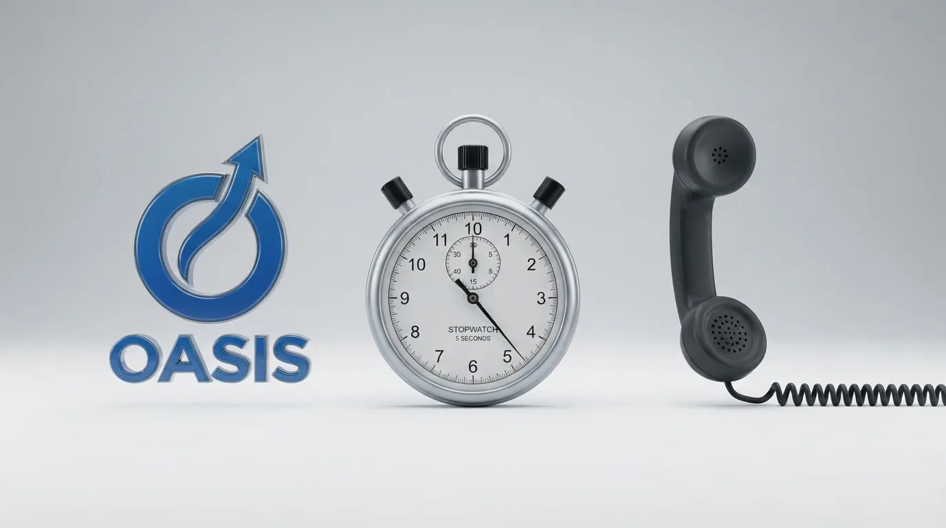 OASIS-Logo, Stoppuhr für die 5-Sekunden-Regel und Telefonhörer – die drei Säulen