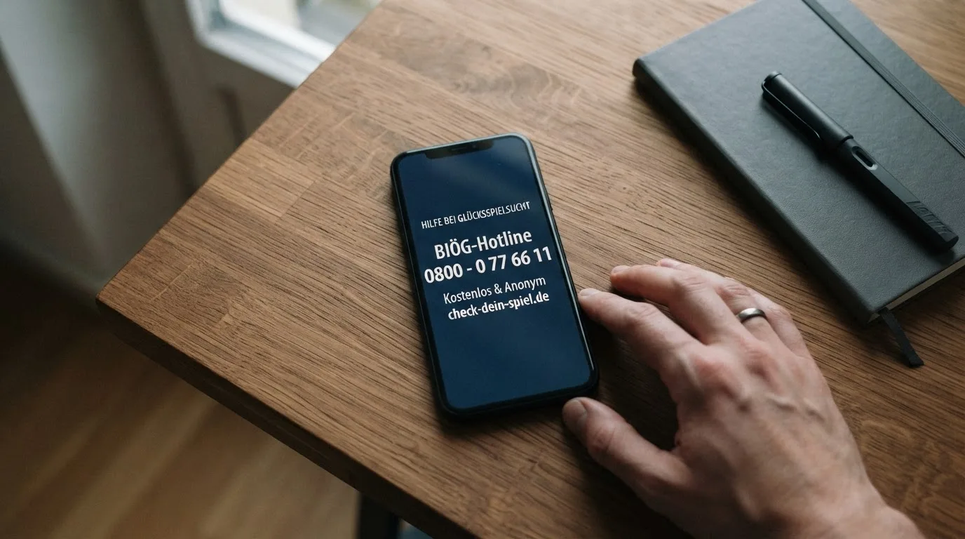 Ein Bildschirm zeigt die BIÖG-Hotline-Nummer und das check-dein-spiel.de-Logo