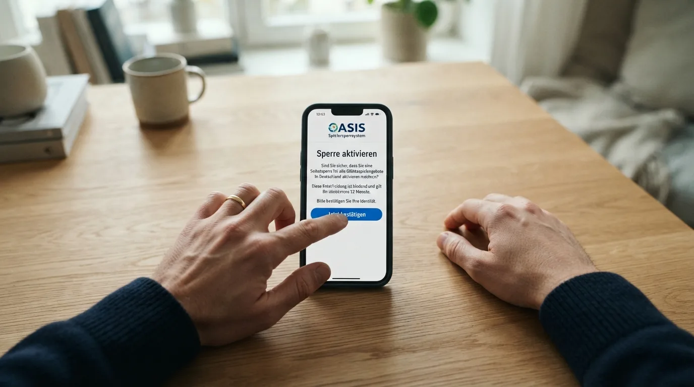 Sperrbildschirm mit OASIS- und LUGAS-Logo und einem Hinweis auf das monatliche Einzahlungslimit
