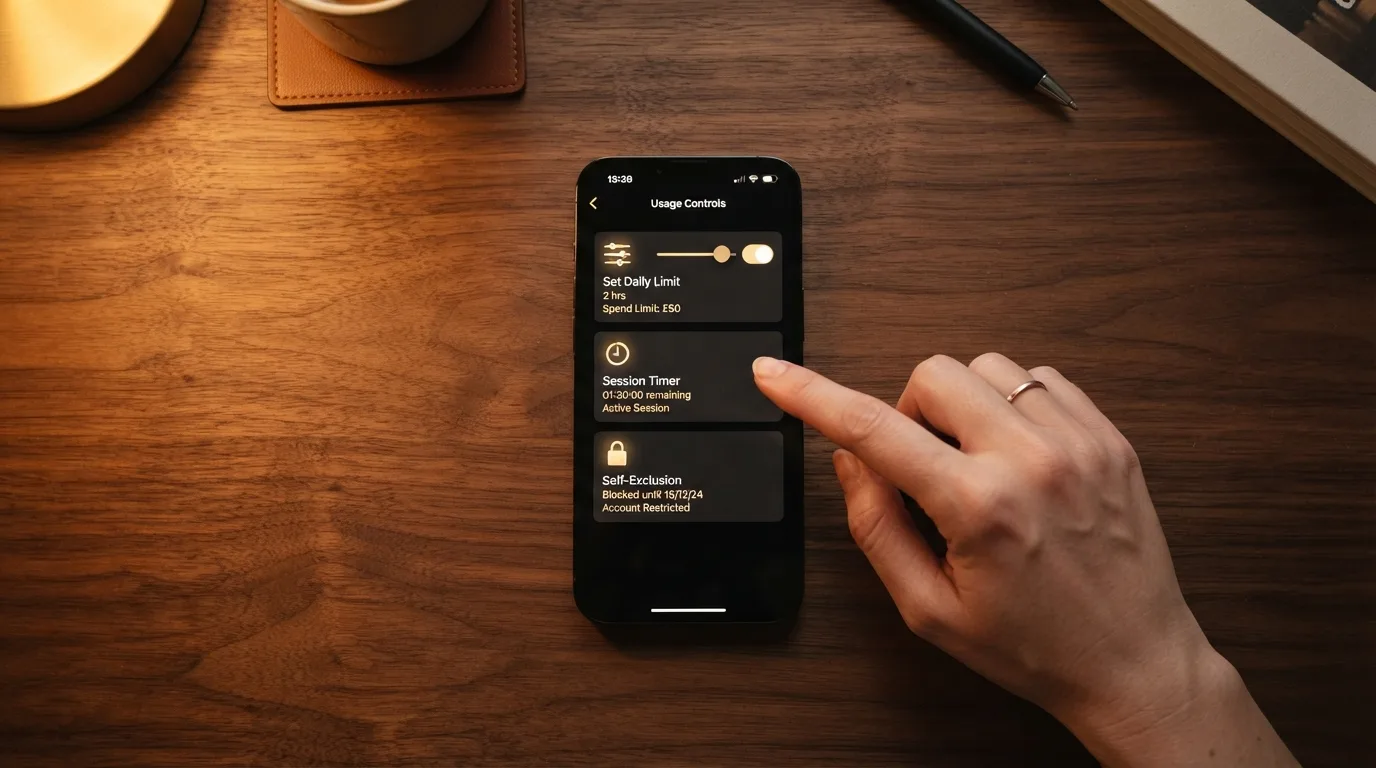 Smartphone-Display mit Schutzsymbolen: Limit-Regler, Uhr für Sitzungszeit, Schloss für Selbstsperre