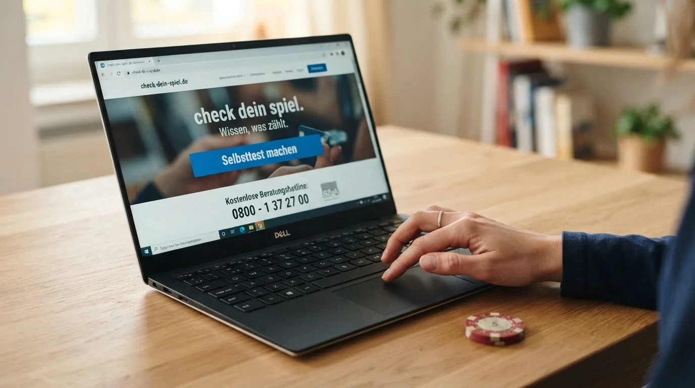 Bildschirmfoto der check-dein-spiel.de-Startseite mit hervorgehobenem Selbsttest-Button und BIÖG-Telefonnummer