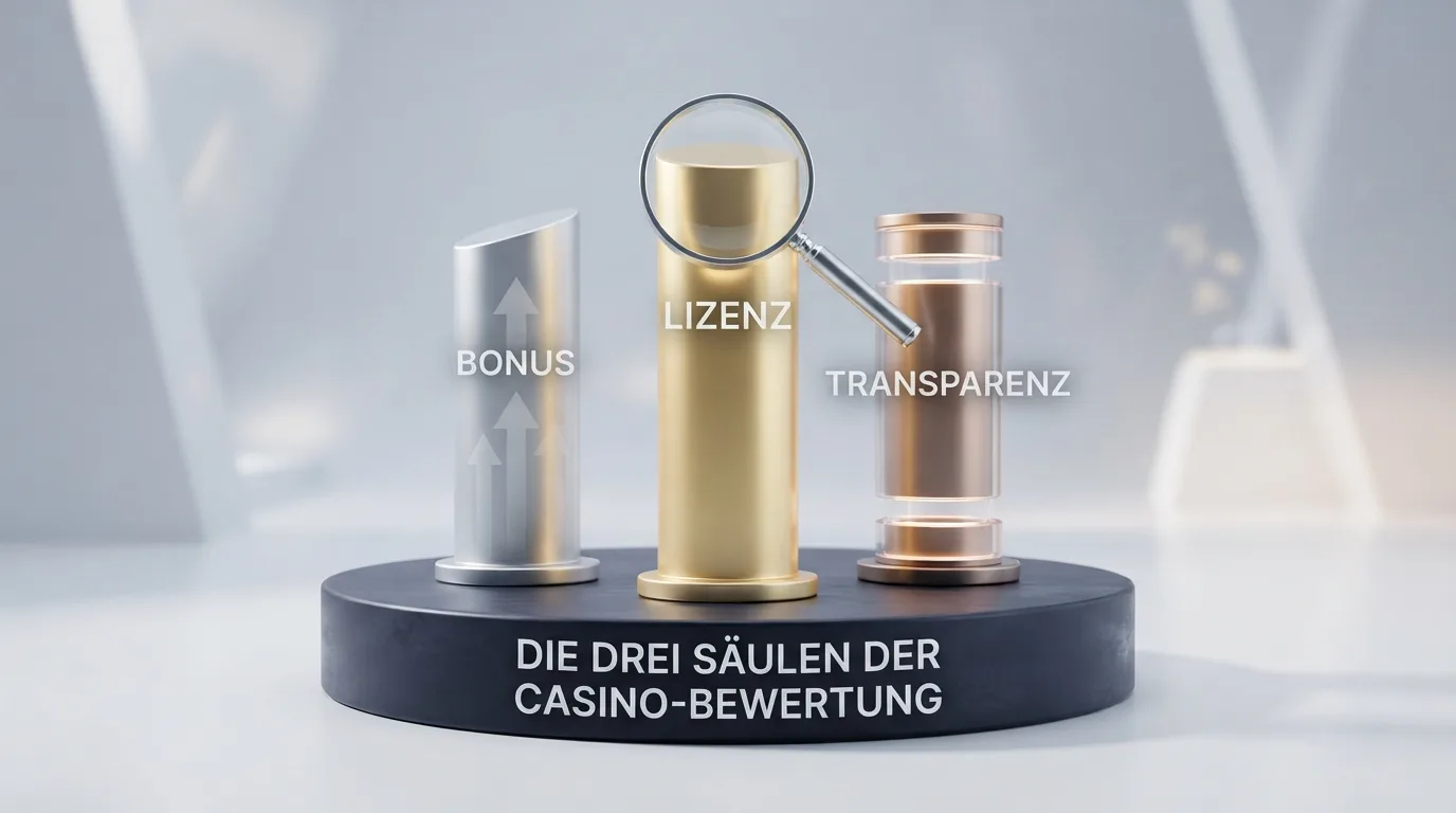 Prüfkriterien-Schaubild mit Lizenz, Bonus und Transparenz als Säulen