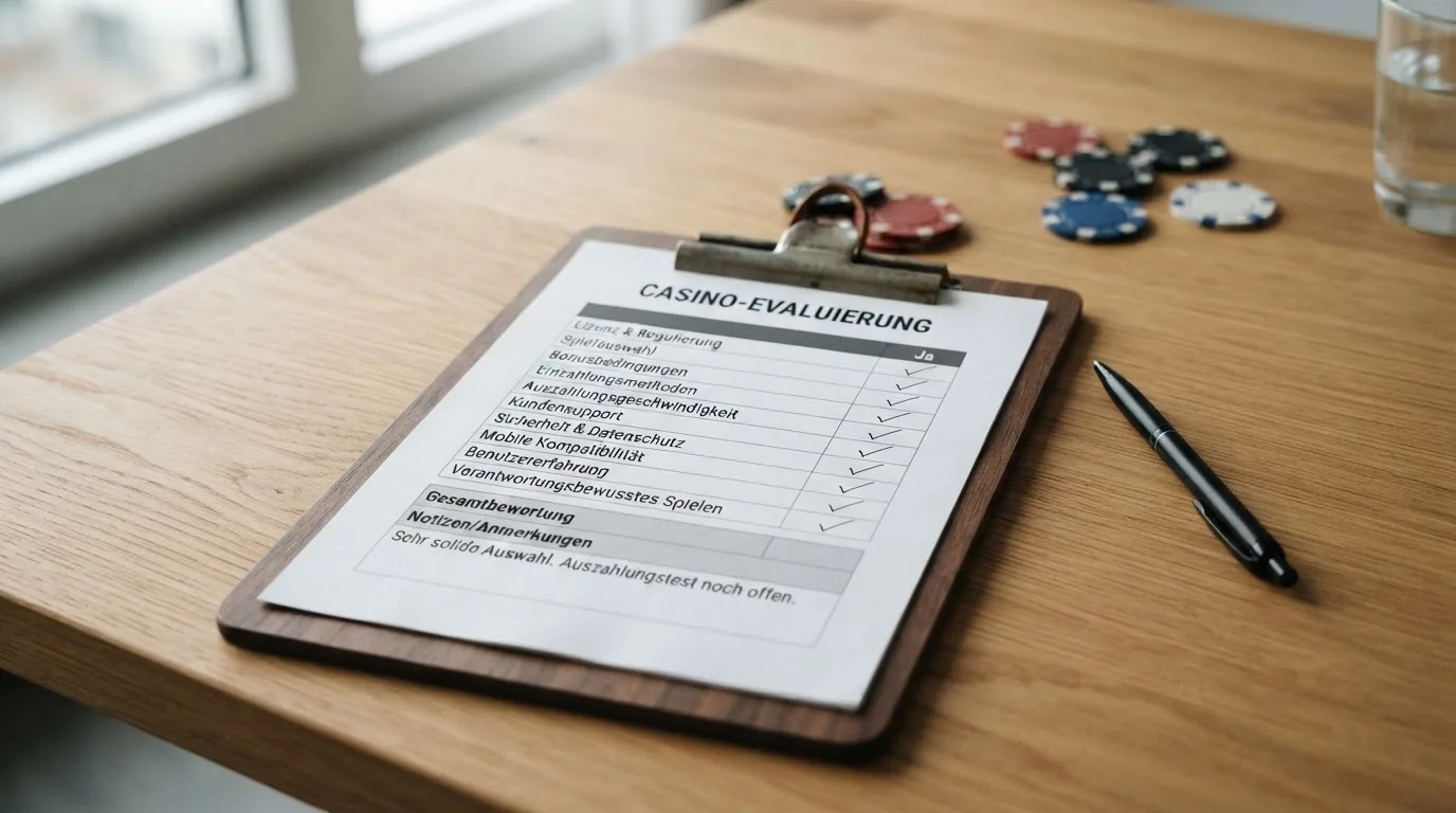 Prüfkriterien als Checkliste über Casino-Logos