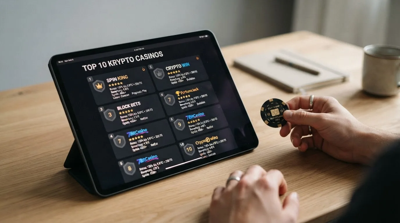 Rangliste der zehn getesteten Krypto-Casinos mit Logo-Kacheln und Bewertungsnoten untereinander