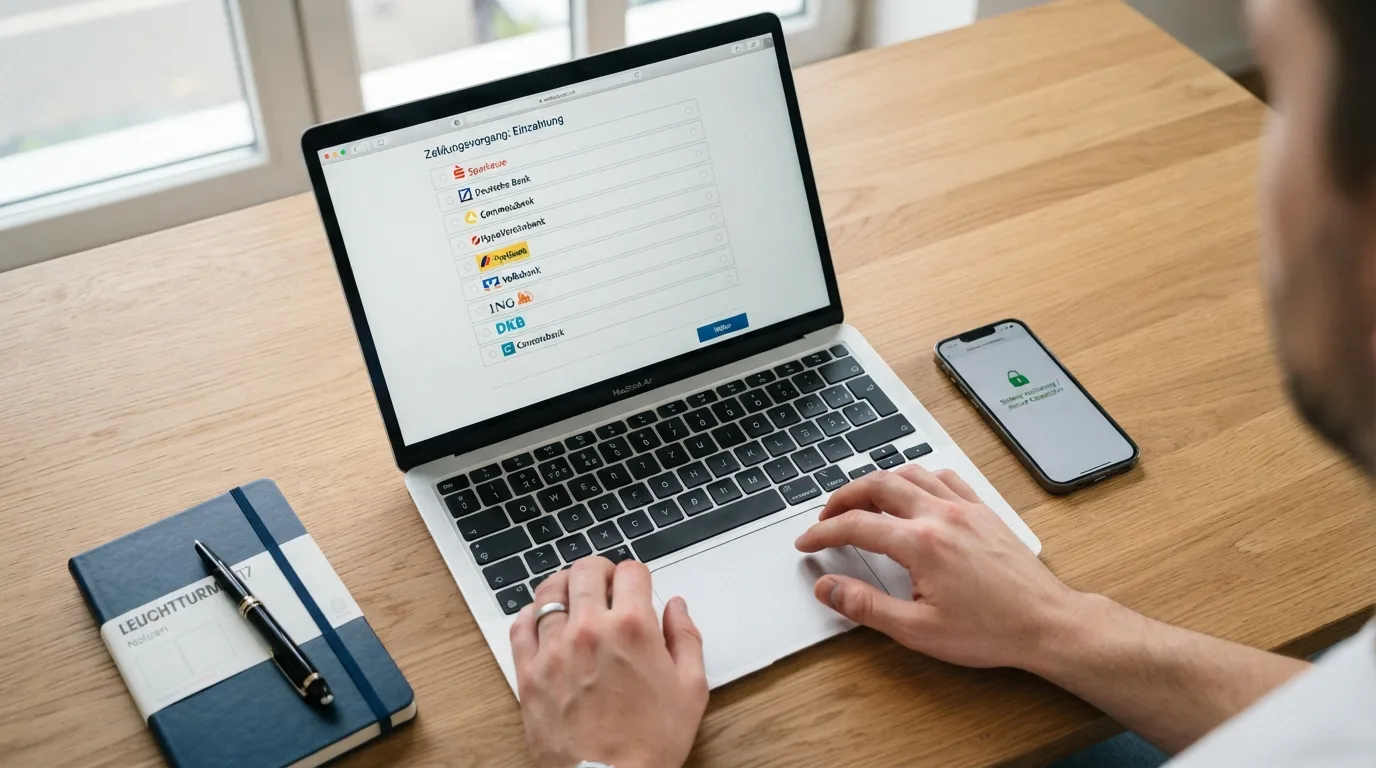 Screenshot-artige Darstellung des Trustly-Einzahlungsdialogs mit Bankliste
