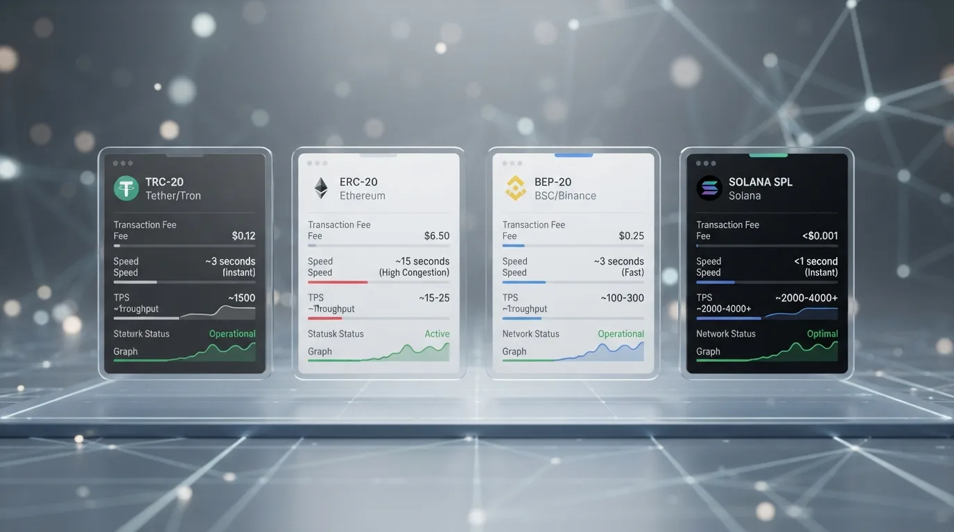 Vier USDT-Netzwerke mit unterschiedlichen Gebühren- und Geschwindigkeitsanzeigen