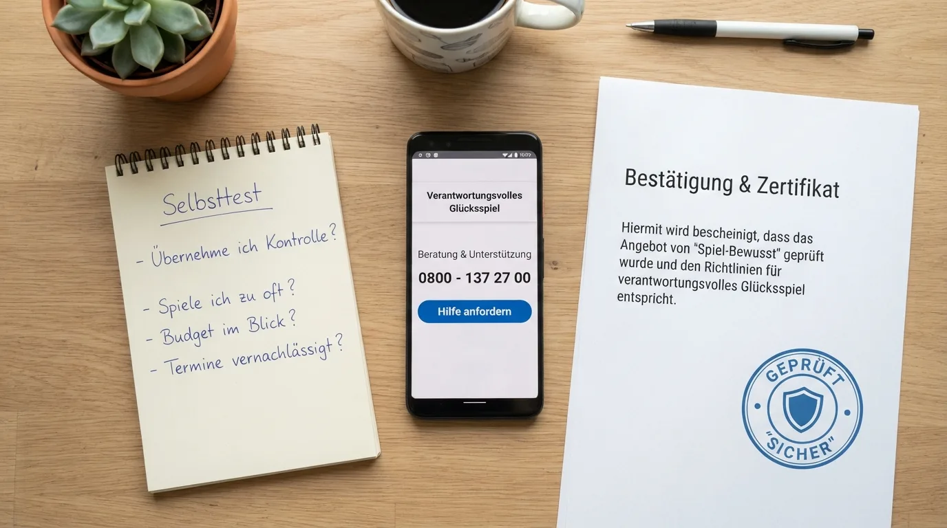 Infografik zu Hilfsangeboten mit Telefonhörer, Selbsttest-Symbol und Anlaufstellen für Spieler