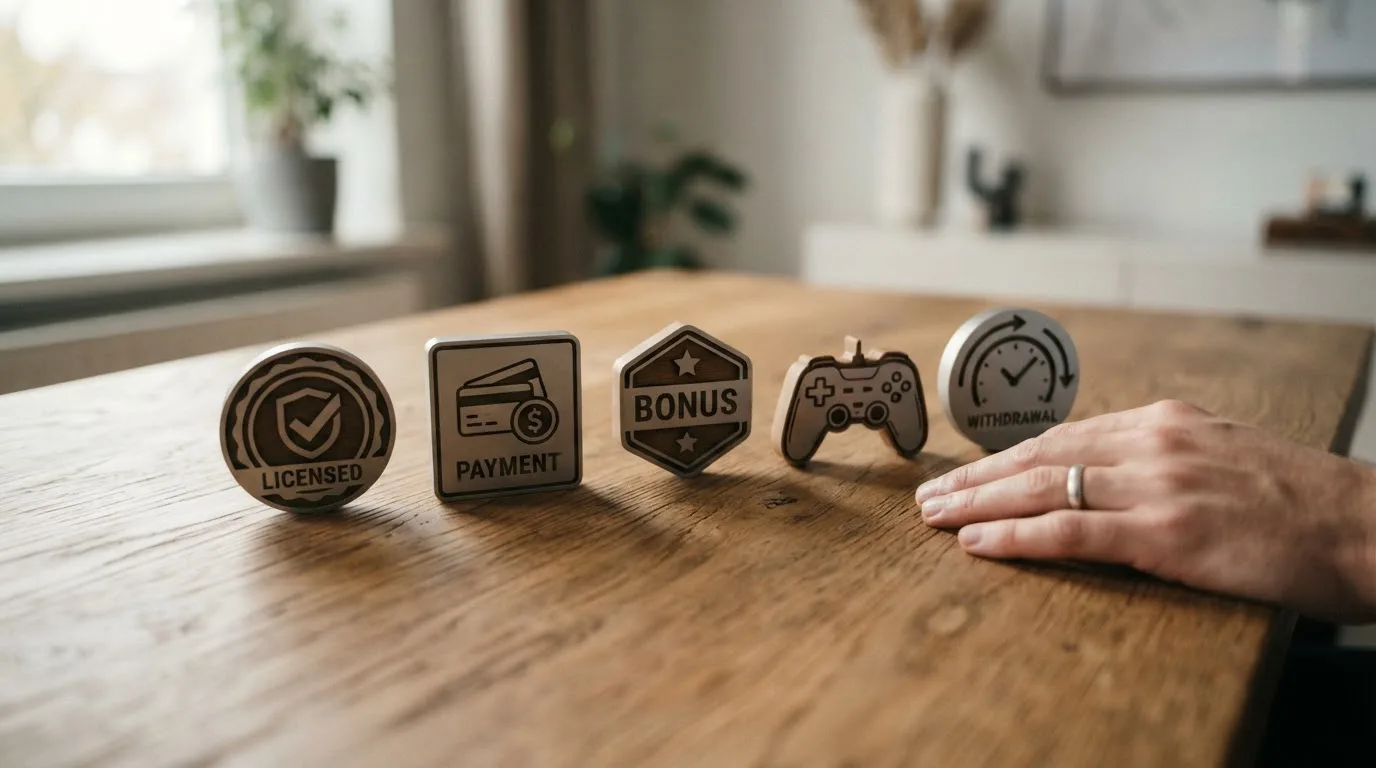 Fünf Prüfsymbole für Lizenz Zahlung Bonus Spiele und Auszahlung