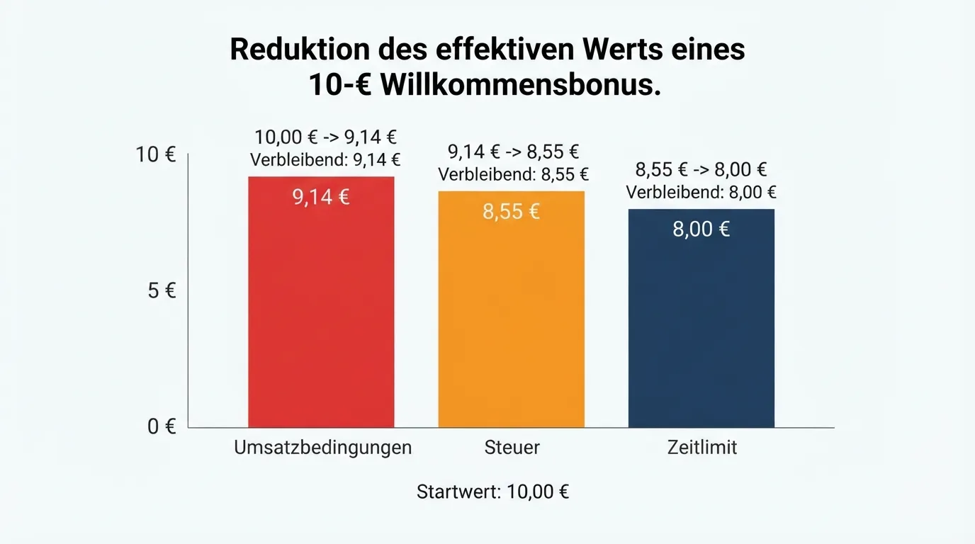 Schaubild: Wie Umsatzbedingungen, Steuer und Zeitlimit den effektiven Bonuswert reduzieren