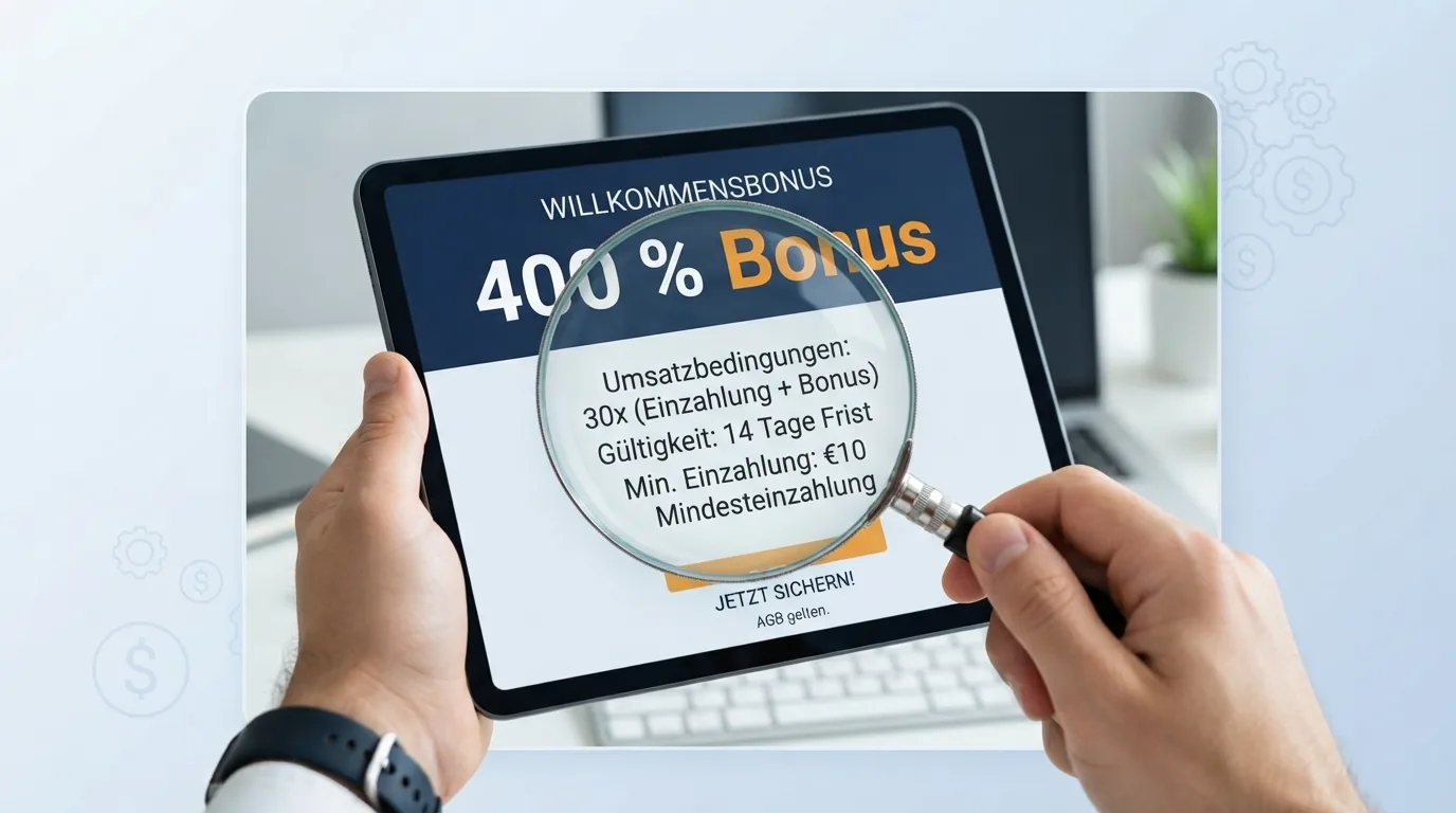 Infografik: „400 % Bonus“ mit Lupe, die Umsatzbedingungen und Abzüge sichtbar macht