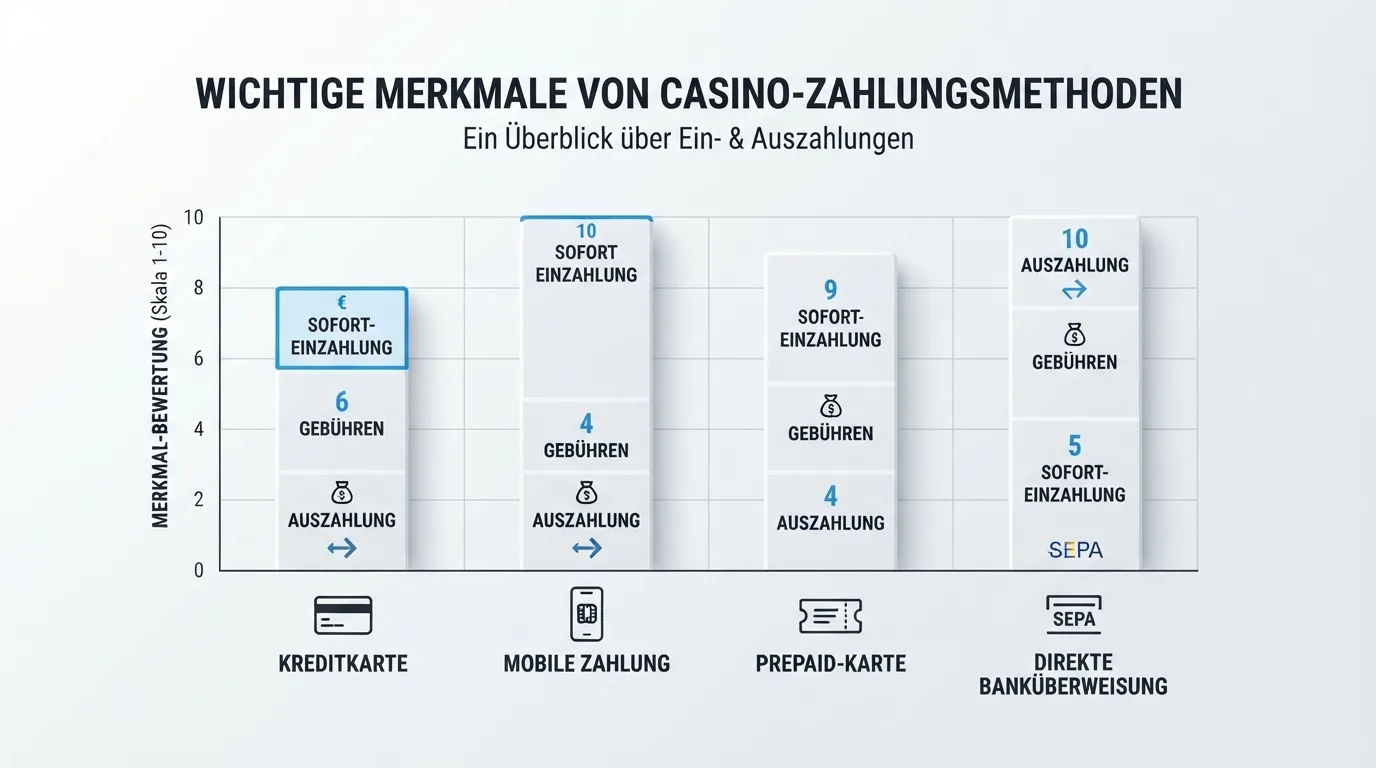 Vergleichstabelle der Zahlungsmethoden Lastschrift, PayPal, Klarna, Kreditkarte, Trustly und paysafecard