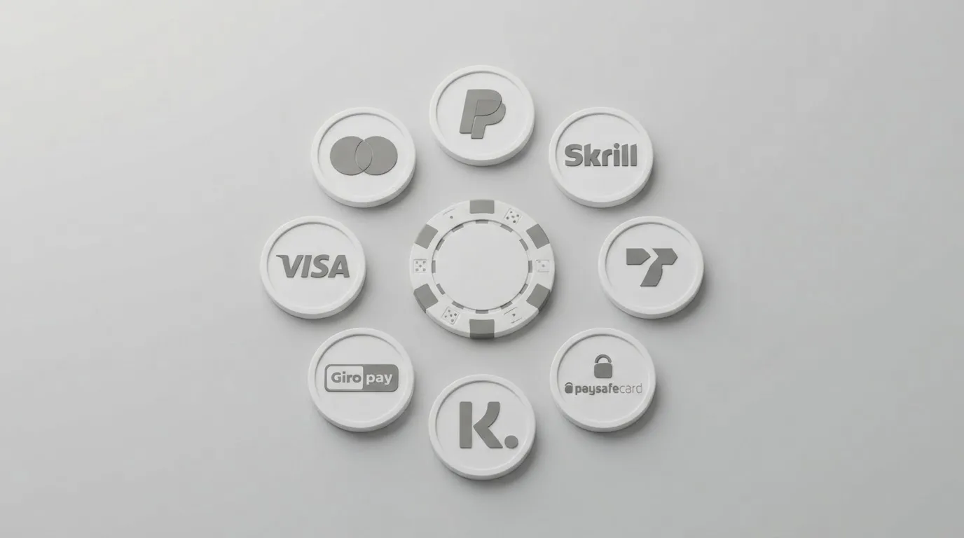 Die Logos der bei deutschen Spielotheken akzeptierten Zahlungsmethoden mit Ein-/Auszahlungsmarkierung